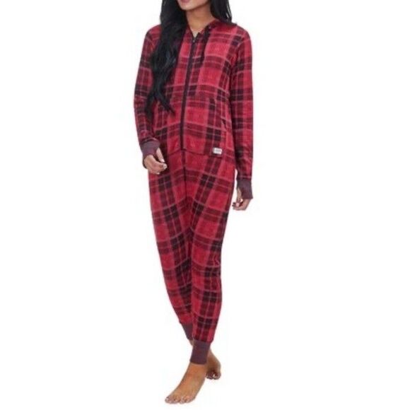 Kavu One Der Suit Sweatshirt Pajama Hoodie Jumpsuit One Piece Red Plaid W Lrg - Picture 1 of 9